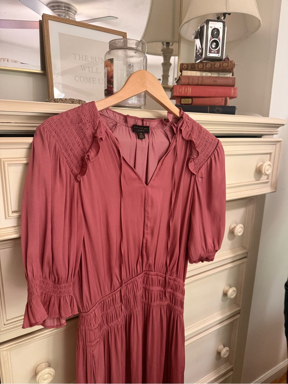 Current Air Anthropologie Dusty Rose Midi Dress with Smocked Accents